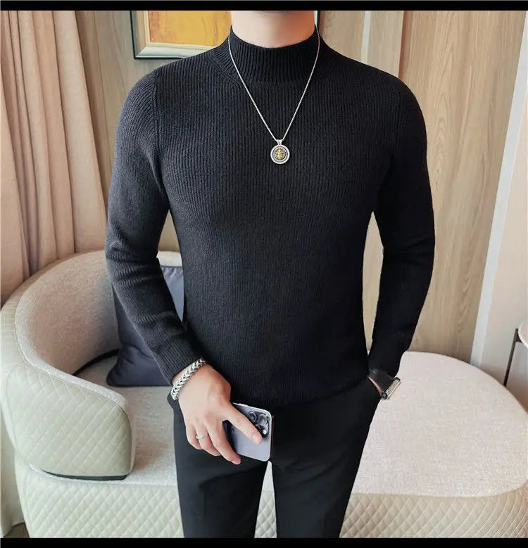 Half Turtleneck Sweater Men with Striped Wool in Autumn Winter Thickened Slightly Loose Base Knitted.