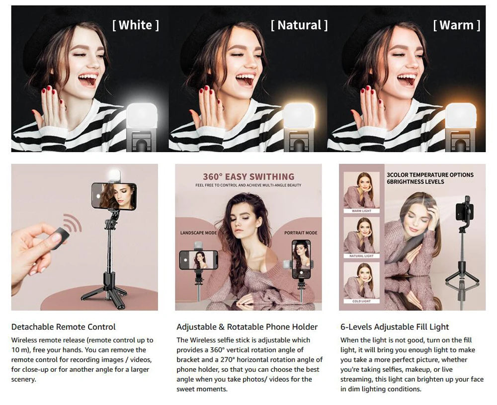 Wireless Bluetooth Selfie Stick Foldable Portable Tripod with Fill Light Shutter Remote Control for Android iPhone Smartphone.
