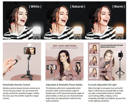 Wireless Bluetooth Selfie Stick Foldable Portable Tripod with Fill Light Shutter Remote Control for Android iPhone Smartphone.
