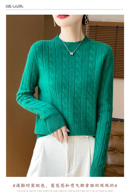 Frauen 100% Merino Wolle Verdickung Pullover Oansatz Gestrickte Twisted Pullover Herbst Winter Kaschmir Langarm Kleidung Basis Tops