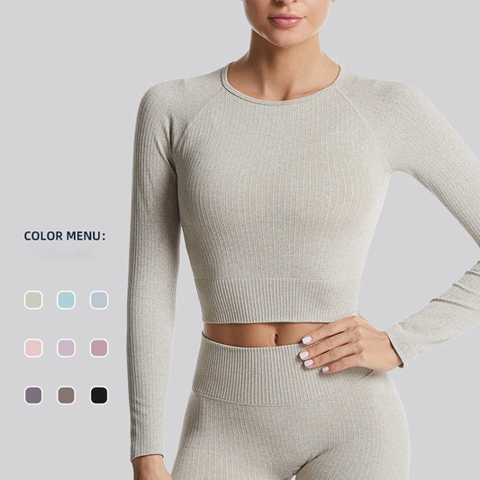 Yoga Lady Long-Sleeved Clothing Thread Big Size Sports Corsetry Yoga Dress Female Solid Color Navel Crop Top Fitness Slim-fit.