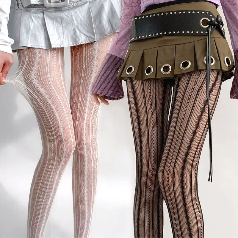 Female Vintage Fishnet Lace Pattern Tights Hollowed Rhombus Striped Geometric Jacquard Pantyhose Anti-pilling JK woman Legging