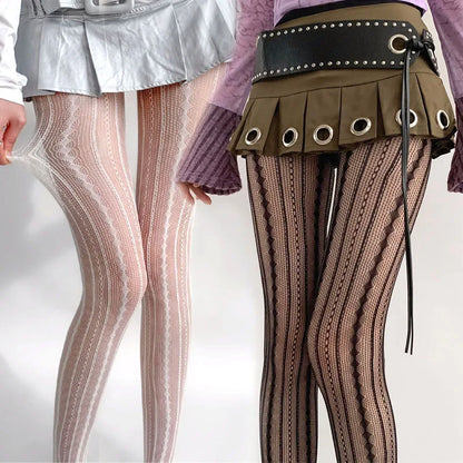 Female Vintage Fishnet Lace Pattern Tights Hollowed Rhombus Striped Geometric Jacquard Pantyhose Anti-pilling JK woman Legging
