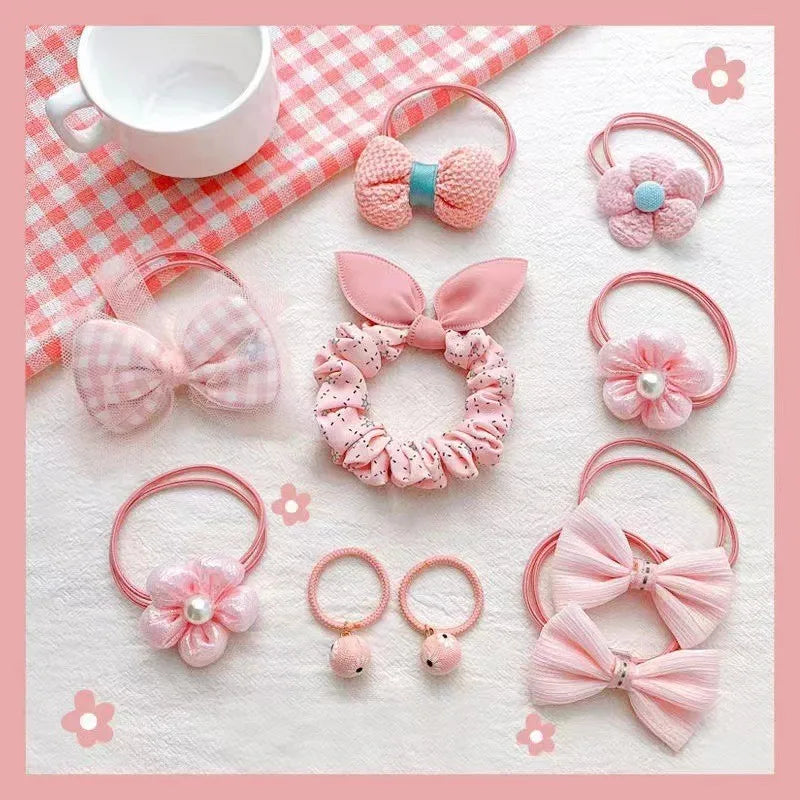Kawaii Flower Bow Scrunchies Set Children Gift Girls Elastic Hair Rubber Bands Accessories Tie Hair Ring Rope Headdress Headwear.