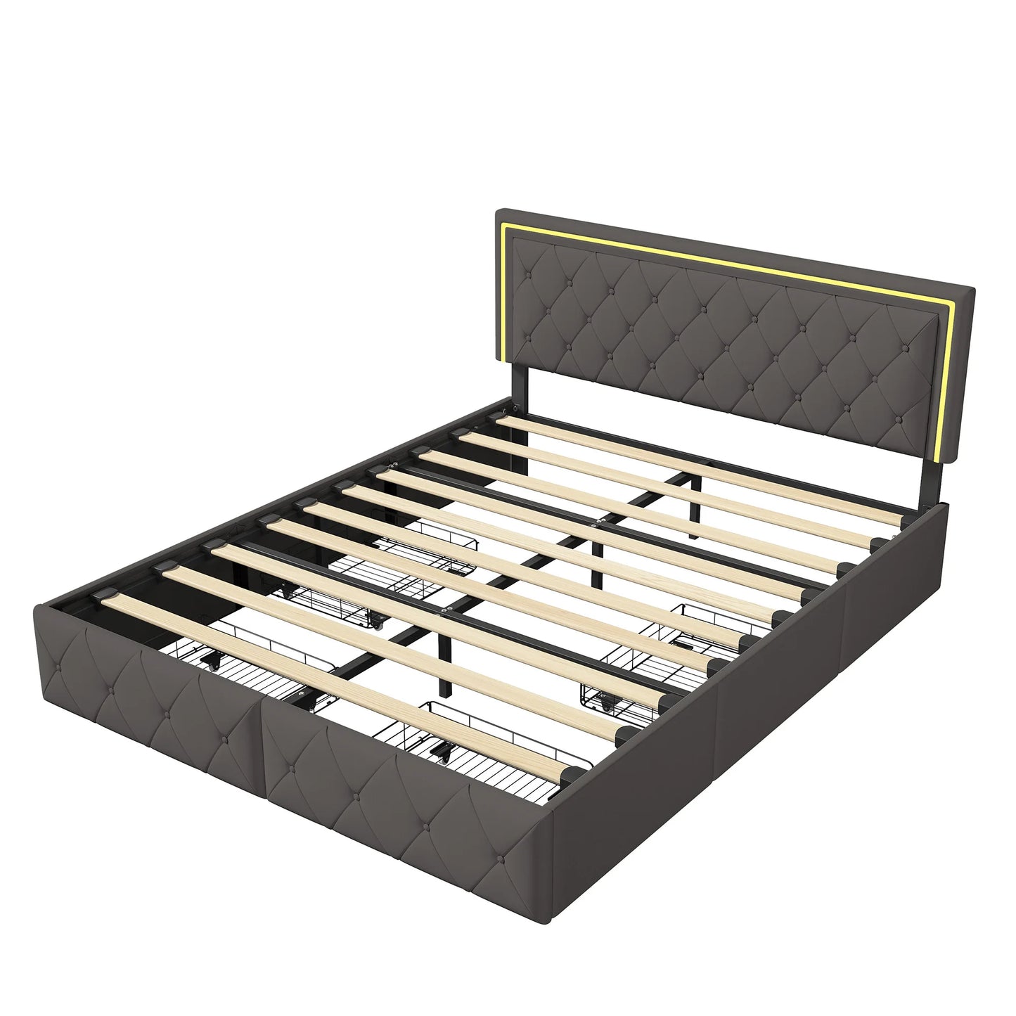 Lazyspace 4 Schubladen + RGB-LED-Kopfteil-Bettgestell, PU-Polsterbett, moderne Queen-Size-Einzel-Doppelbetten, Schlafzimmermöbel