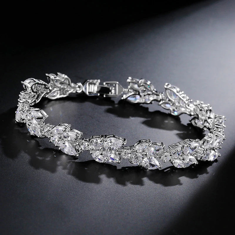 ZAKOL Luxury AAA Cubic Zirconia Wedding Bracelets for Women High Quality White Gold Color Leaf Charm Bracelet Bangles