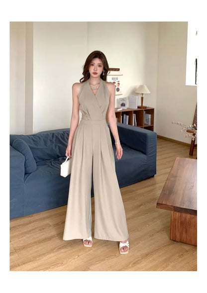 Korean Fashion Sleeveless Slim Jumpsuit For Women Office OL Elegant Sexy Backless High Waist Wide Leg Rompers 2025 New Summer.