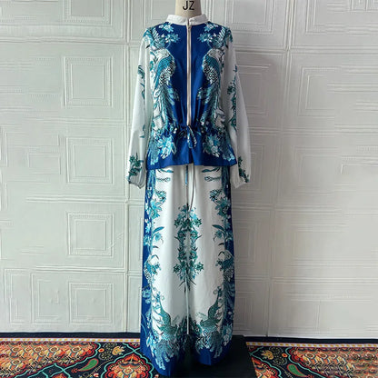 Summer Fashion Print Women's 2-piece Set Flower Zipper Baseball Uniform Drawstring Trousers Two-piece Outfit Elegant Office Suit