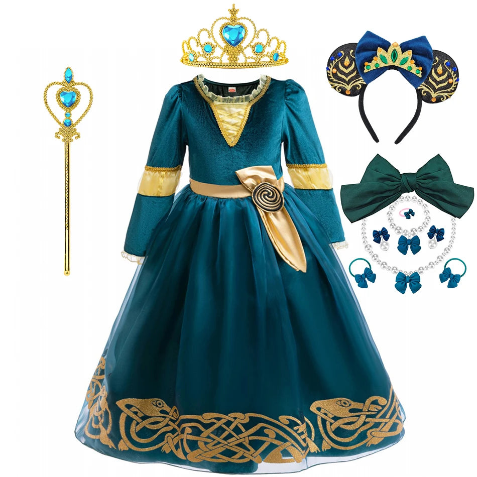 Girls Merida Cosplay Princess Dress Children Stage Performance Clothes Kids Halloween Carnival Party Long Sleeves Outfits