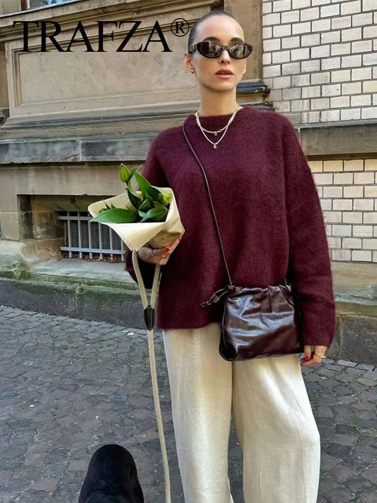 TRAFZA Frauen Elegante Solide O Neck Pullover Lose Beiläufige Langarm Gestrickte Pullover Sweatshirt Herbst Büro Dame Strickwaren Top.