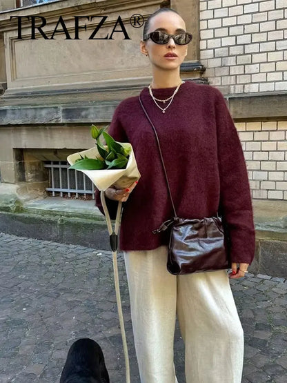 TRAFZA Frauen Elegante Solide O Neck Pullover Lose Beiläufige Langarm Gestrickte Pullover Sweatshirt Herbst Büro Dame Strickwaren Top.