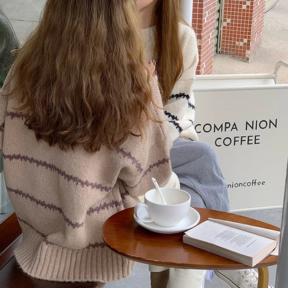 Retro Lose Pullover frauen Langarm Gestreiften Halb Stehkragen Stricken 2023 Herbst Winter Verdickt Warme Pullover.