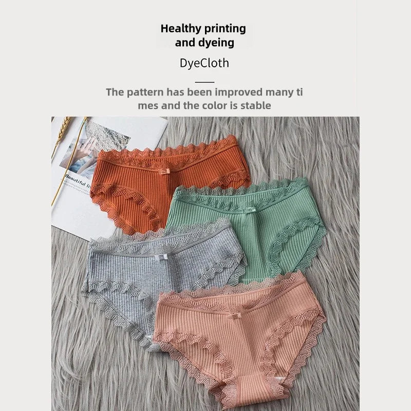 4 Pcs Lace Wavy Trim Bikini Panties, Comfy & Breathable Elastic Intimates Panties, Women's Lingerie & Underwear.