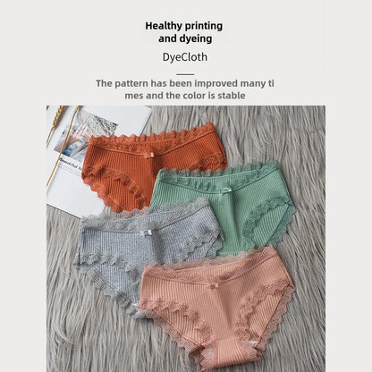 4 Pcs Lace Wavy Trim Bikini Panties, Comfy & Breathable Elastic Intimates Panties, Women's Lingerie & Underwear.