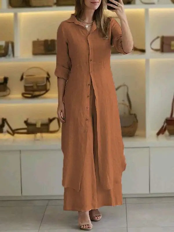 Spring Autumn Cotton Linen Loose 2 Piece Sets Casual Button Long Sleeved Women Outfit Elegant High Waist Wide Leg Pants Set Suit.