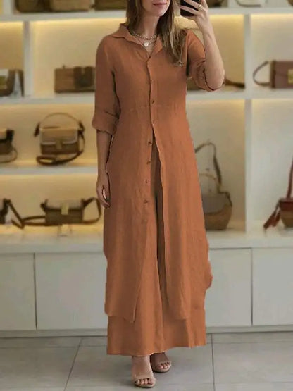 Spring Autumn Cotton Linen Loose 2 Piece Sets Casual Button Long Sleeved Women Outfit Elegant High Waist Wide Leg Pants Set Suit.