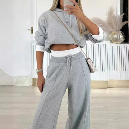 2024 Spring Autumn New Loose Sports Suit Women Long Sleeve Hooded Sweatshirt Drawstring High Waist Pocket Wide Leg Pants Suit.