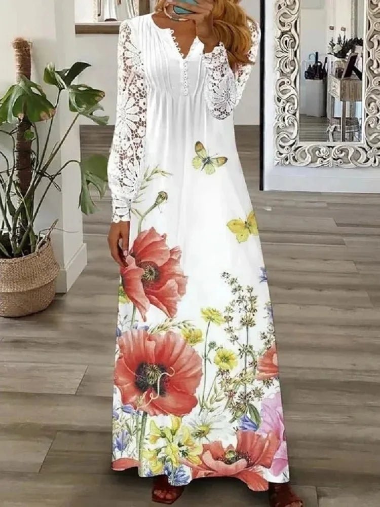 Frühjahr/Sommer Mode frauen Kurzarm Gedruckt Spitze Kleider Elegante frauen Weiß V-ausschnitt Slim Fit Party Lange vestidos.