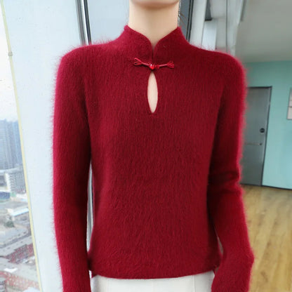 2024 autumn winter new 100% mink cashmere sweater women's pullover slim-fit long sleeve solid color stand collar bottom knitwear
