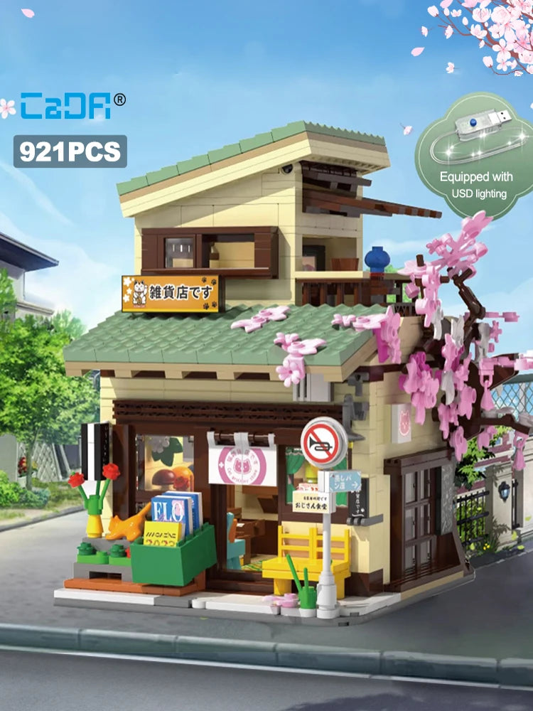Cada LED City Japanese Style Grocery Store House Building Blocks Double Decker Duplex Architecture Bricks Toys for Kid Gifts.