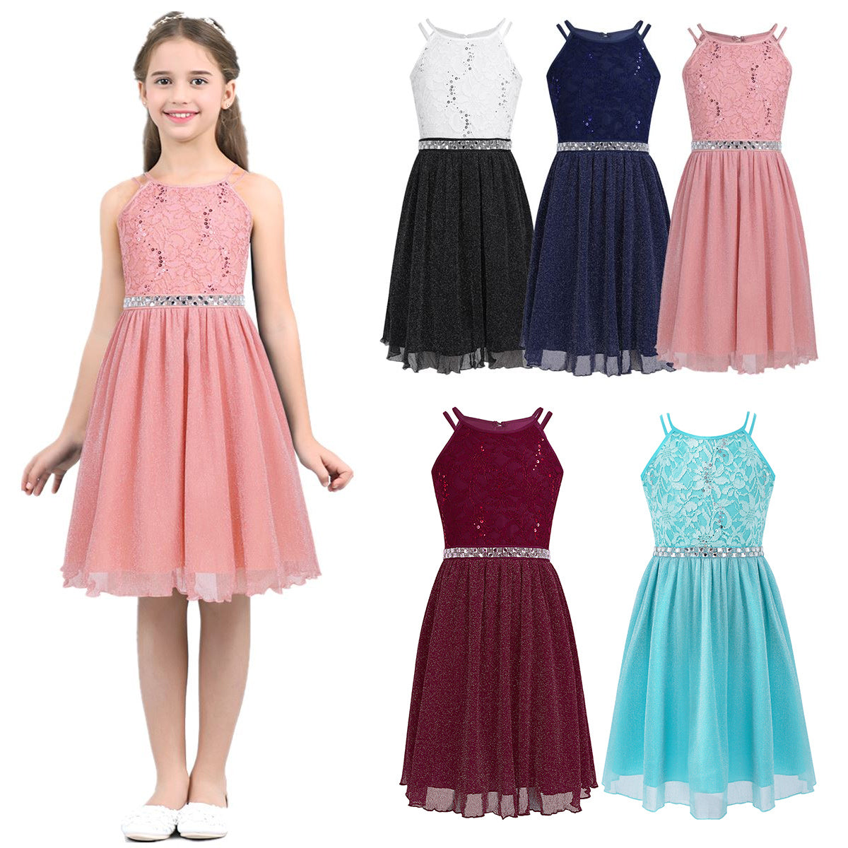 Iiniim Teen Mädchen Ärmellose Pailletten Floral Spitze Glänzenden Kleid Vestido de festa für Hochzeit Formale Geburtstag Party Sommer Kleider.
