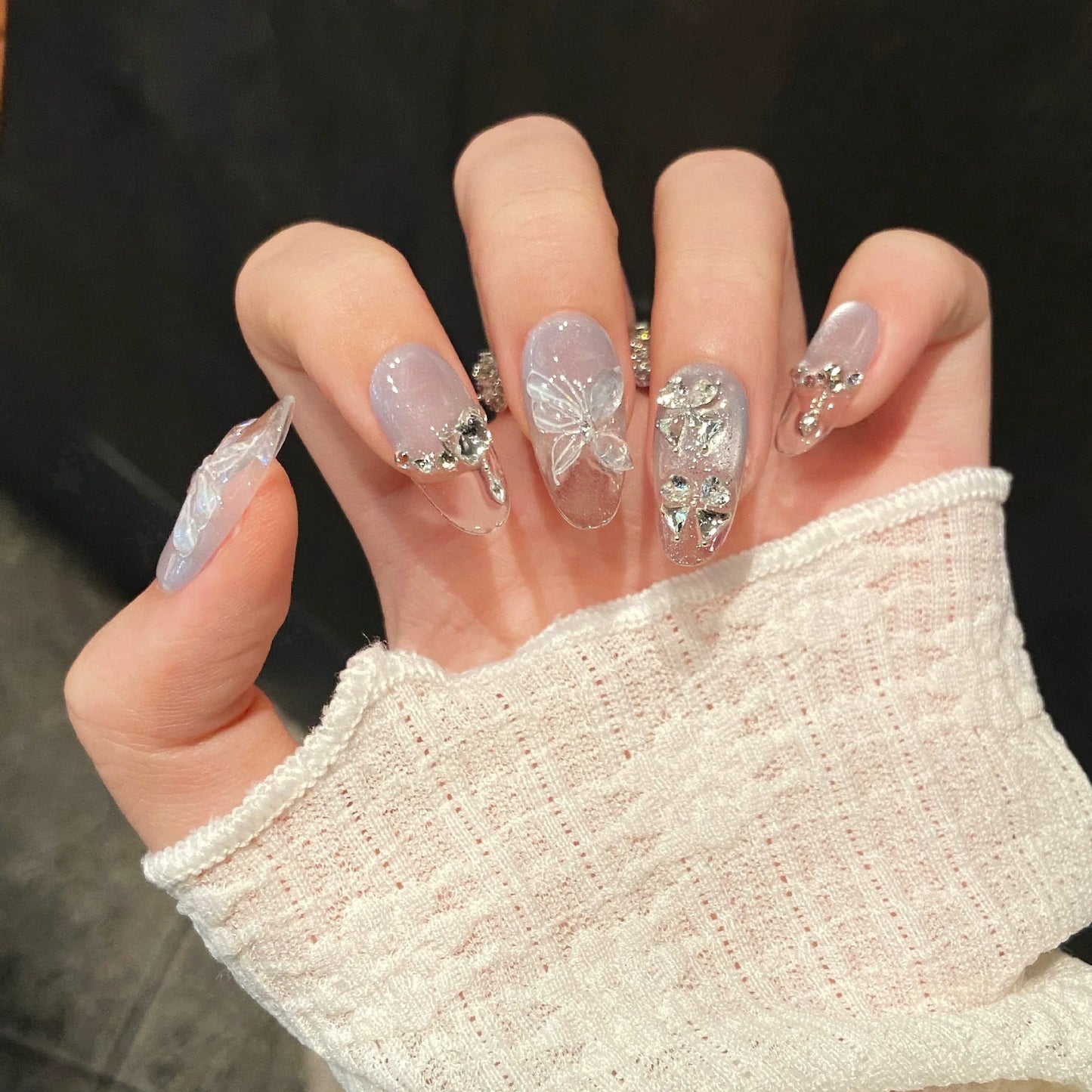 10pc Cat Eye Almond Handmade Press on Nails Light Blue Bow Fake Nails False Nails Artificial Nail Wearable Nail Tips Art Uñas.