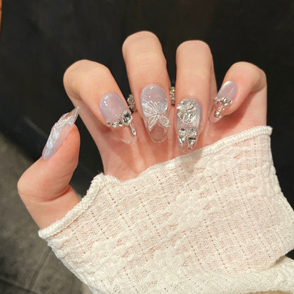 10pc Cat Eye Almond Handmade Press on Nails Light Blue Bow Fake Nails False Nails Artificial Nail Wearable Nail Tips Art Uñas.