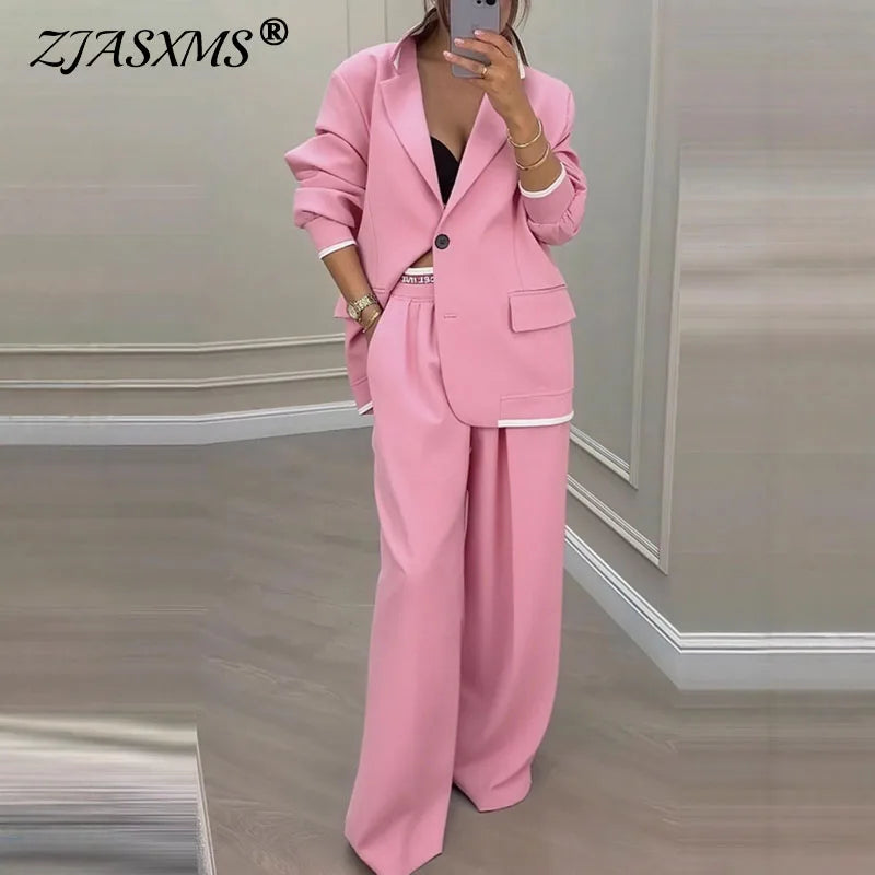 Autumn Winter Blazer Jacket Set Woman Elegant Single Button Lapel Cardigans & Wide Leg Trousers Suit Elegant Solid Office Outfit.