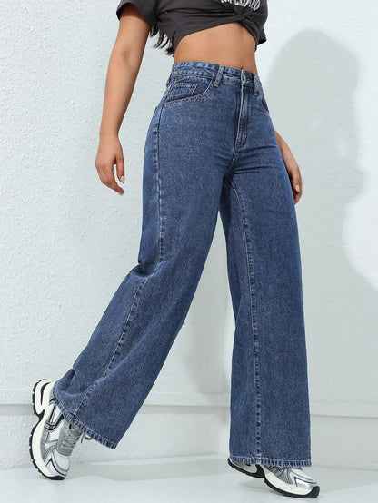 American Style High Waist Wide Leg Jeans Women's Spring New Loose Slim Straight Floor-Length Denim Pants.