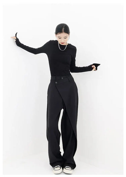 HOUZHOU Women Wide Suit Pants High Waist Gothic Japanese Style Baggy Black Trousers Irregular Straight Pants Casual Streetwear