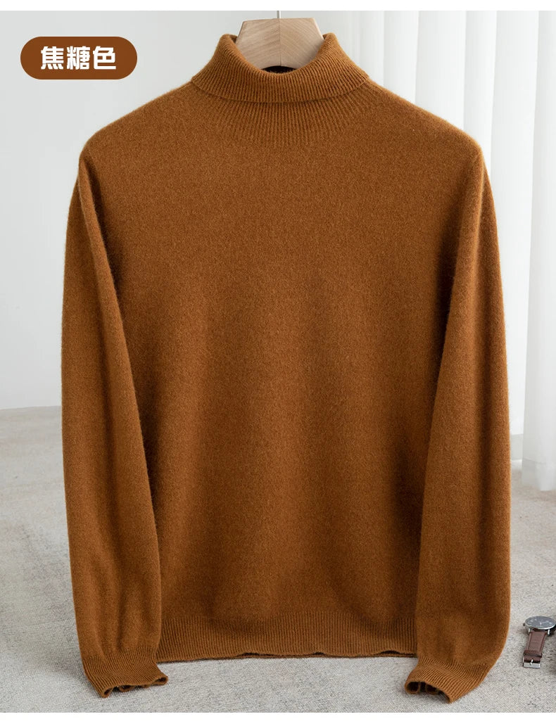 Men 100% Merino Wool Sweater Turtleneck Knitted Pullover Cashmere Warm Solid Color Clothes Business Bottoming Tops Autumn Winter