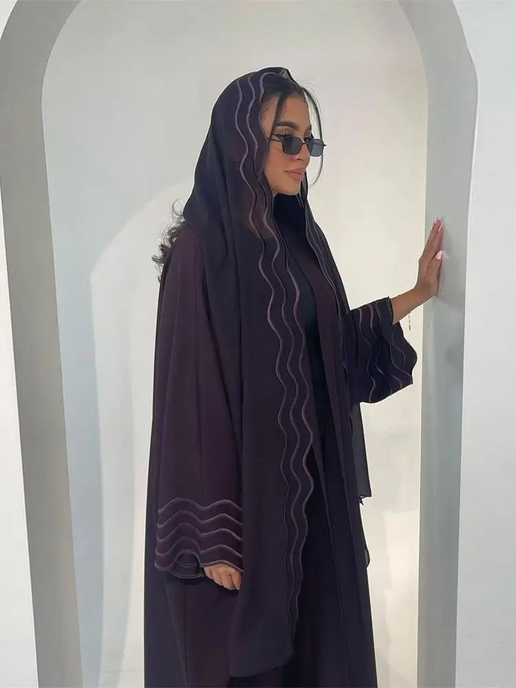 Ramadan Eid Women Gray Black Dubai Khimar Abaya Islam Muslim Kimono Hijab Dress Set Kebaya Kaftan Djellaba Robe Femme Musulmane.