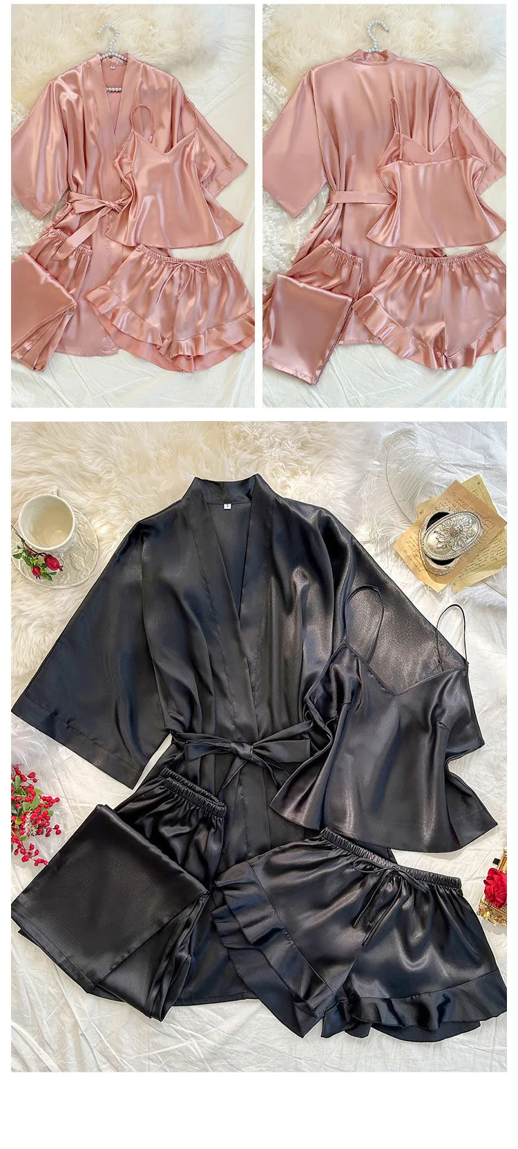 Frühling Sommer Neue Frauen Pyjama Vier Stück Anzug Nachtwäsche Seidige Satin Kimono Bademantel Hosen Anzüge Lose Hause Kleidung Loungewear.