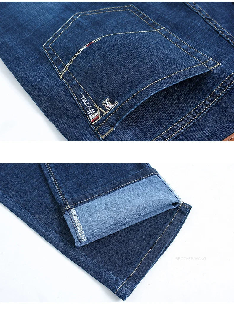 Sommer Dünne männer Gerade Jeans Klassische Schwarz Blau Stretch Casual Business Baggy Denim Hosen Männliche Marke Hosen
