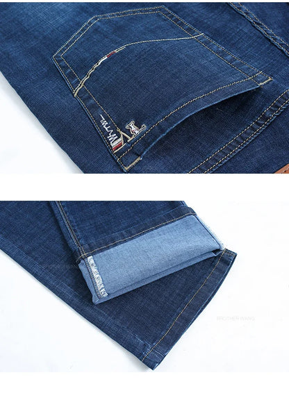 Sommer Dünne männer Gerade Jeans Klassische Schwarz Blau Stretch Casual Business Baggy Denim Hosen Männliche Marke Hosen