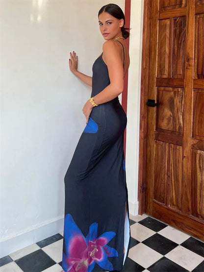 Gedruckt Spaghetti Hot Backless Maxi Kleid Frauen Mode Schlank Elegante Kontrast Patchwork Halter Kleider Herbst Lange DressZ