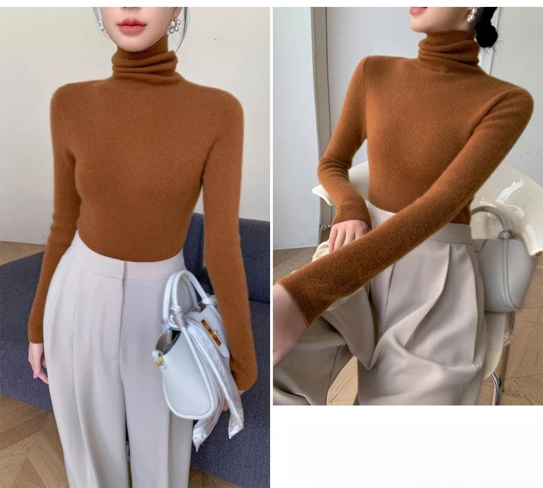 2025 herbst Winter Rollkragen Warme Jumper Lässig Feste Dünne Strickjacke Frauen Langarm Gestrickte Pullover Einfache Basis Schicht Top.