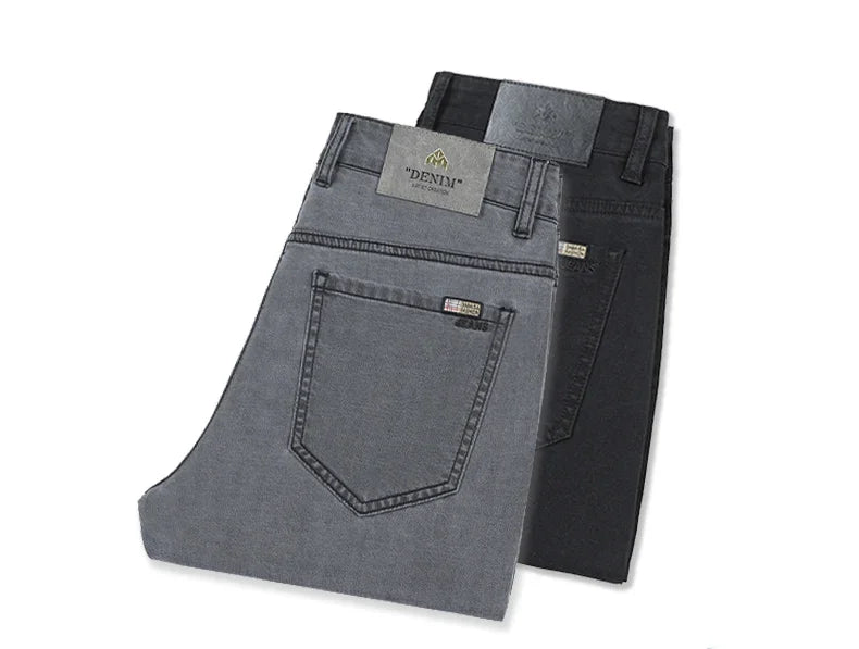 Summer Lyocell Ultra-thin Jeans Men Straight Stretch Breathable Denim Pants Fashion Business Casual Male Trousers Black Gray.
