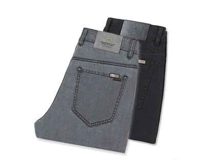 Summer Lyocell Ultra-thin Jeans Men Straight Stretch Breathable Denim Pants Fashion Business Casual Male Trousers Black Gray.