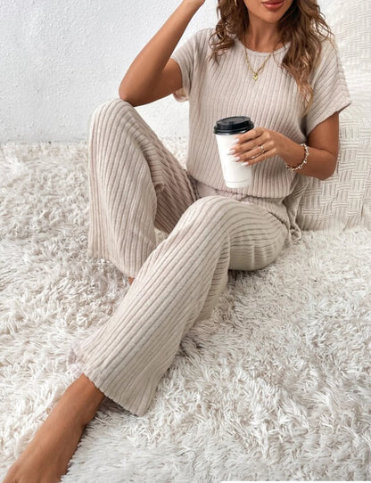 Two Piece Pant Sets Women Straight Pants Tops Pullover Short Sleeve Round Neck Spliced Top Solid Casual Streetwear Summer