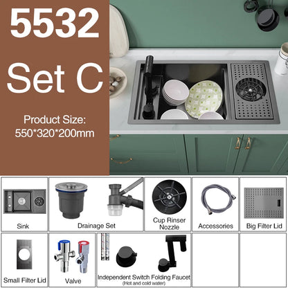 ASRAS Nano Black Small Size Kitchen Sink Cup Washer Hidden Bar Counter Cover Concealed Single Bowl Sinks With Lifting Faucet