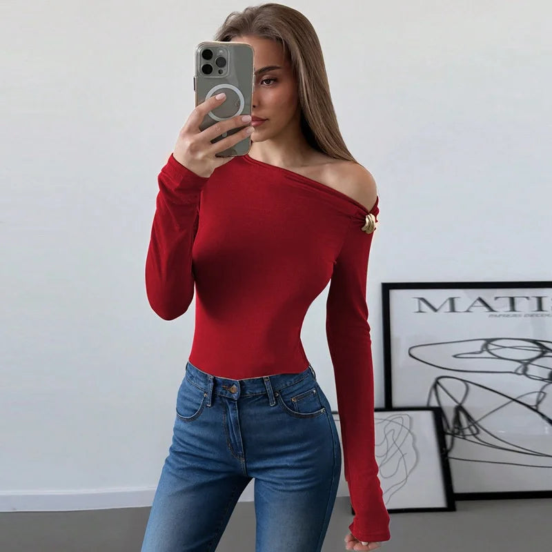 Blifanbo Oblique Shoulder Long Sleeve Tops For Women Metal Buckle Slim Fit Sexy Solid Color Bodycon Fashion BasicTop Streetwear.