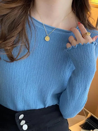 2025Oansatz Rippen Langarm Koreanische Dünne Weibliche Pullover Frauen Pullover Stricken Weiche Jumper Tops Geraffte Herbst Winter Tops