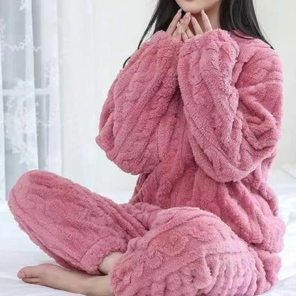 Herbst Winter Lose Süße Casual Pyjamas frauen Set Dicke Fleece Wolle Langarm Top Hause Elastische Taille Lange Hosen Hosen.