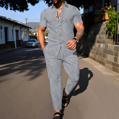 A fashionable and trendy two-piece short-sleeved shirtwithlong pants is perfect for men's daily casual wear in spring and autumn.