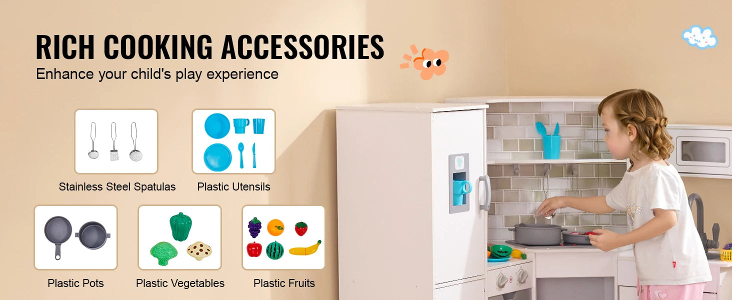 SucceBuy Corner Wooden Play KitchenToys Set Children Kitchenware toys with Lights & Sounds for Kids Preschoolers Girls Gifts.