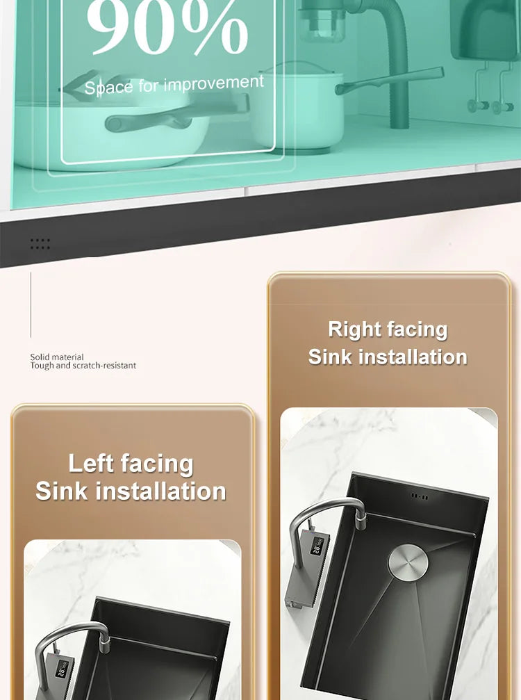 Black Stainless Steel Kitchen Sink Waterfall Sink dishwashing Basin Large Single Sink Household Sink Under The Counter Sink