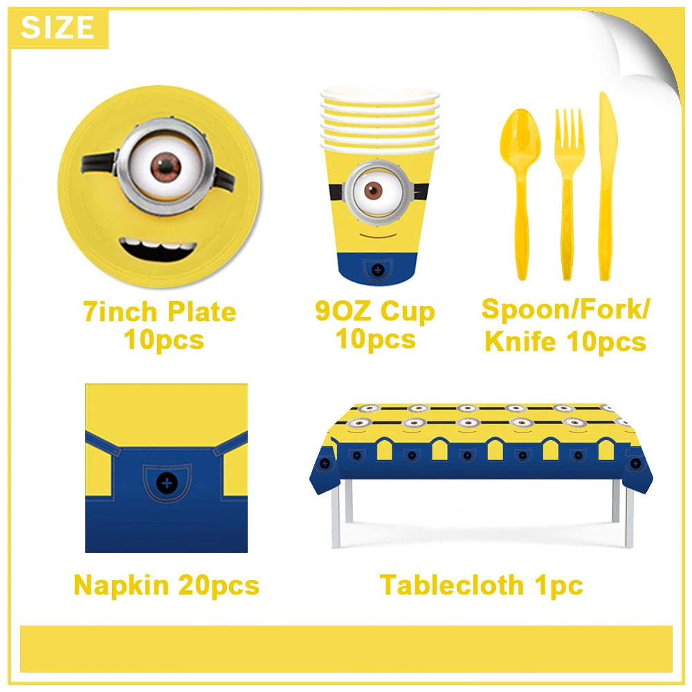 Cartoon M & Minions Geburtstag Party Dekoration Einweg Geschirr Tasse Teller Tischdecke Luftballons Gelb Große Augen Hintergrund Banner