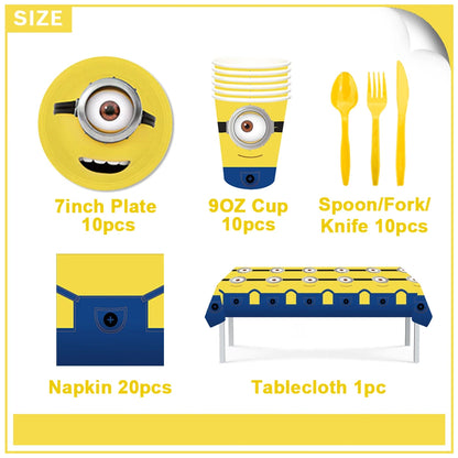 Cartoon M & Minions Geburtstag Party Dekoration Einweg Geschirr Tasse Teller Tischdecke Luftballons Gelb Große Augen Hintergrund Banner