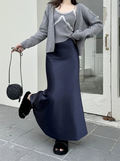 High Waist Women's Fleece-Lined Thickened Elegant Long Skirt Satin Mermaid Skirt Elegant Drapey Bodycon Skirt For Autumn Winter.